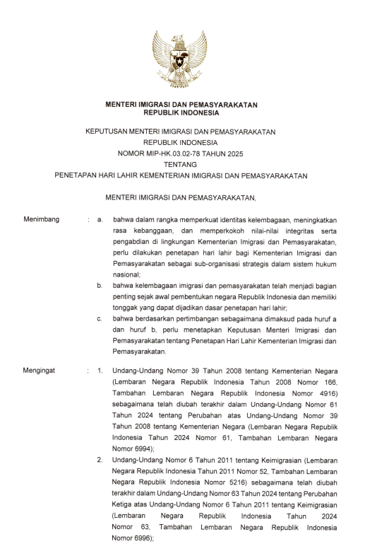 Keputusan Menteri Imigrasi dan Pemasyarakatan Nomor MIP-HK.03.02-78 Tahun 2025 tentang Penetapan Hari Lahir Kemeterian Imigrasi dan Pemsyarakatan